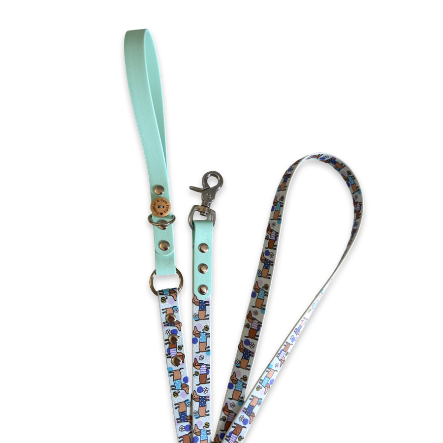 Handmade Vegan Leather Dog Leash - Bee Happy Dachshunds - Blue-2
