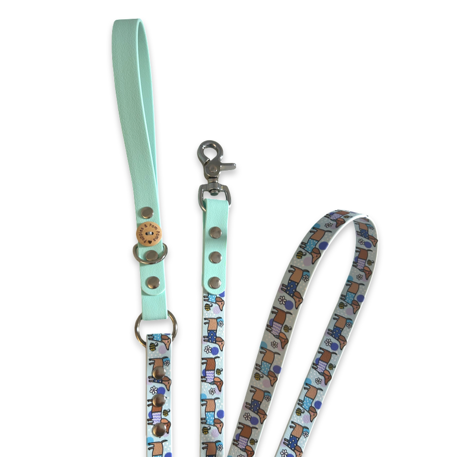 Handmade Vegan Leather Dog Leash - Bee Happy Dachshunds - Blue-1
